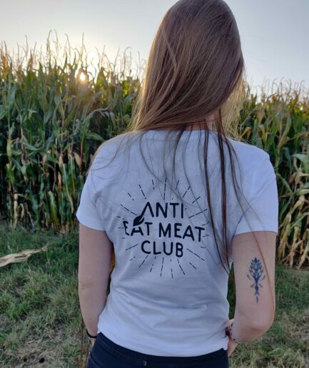 anti eat meat club logo ladies organic shirt back weiss